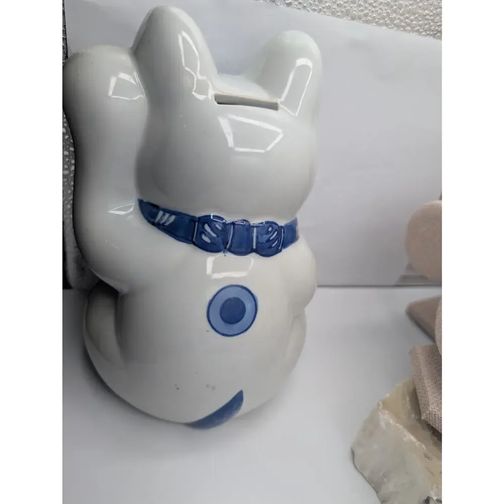 Maneki-Neko Lucky Cat Piggy Bank Blue White Ceramic Porcelain Japanese Fortune